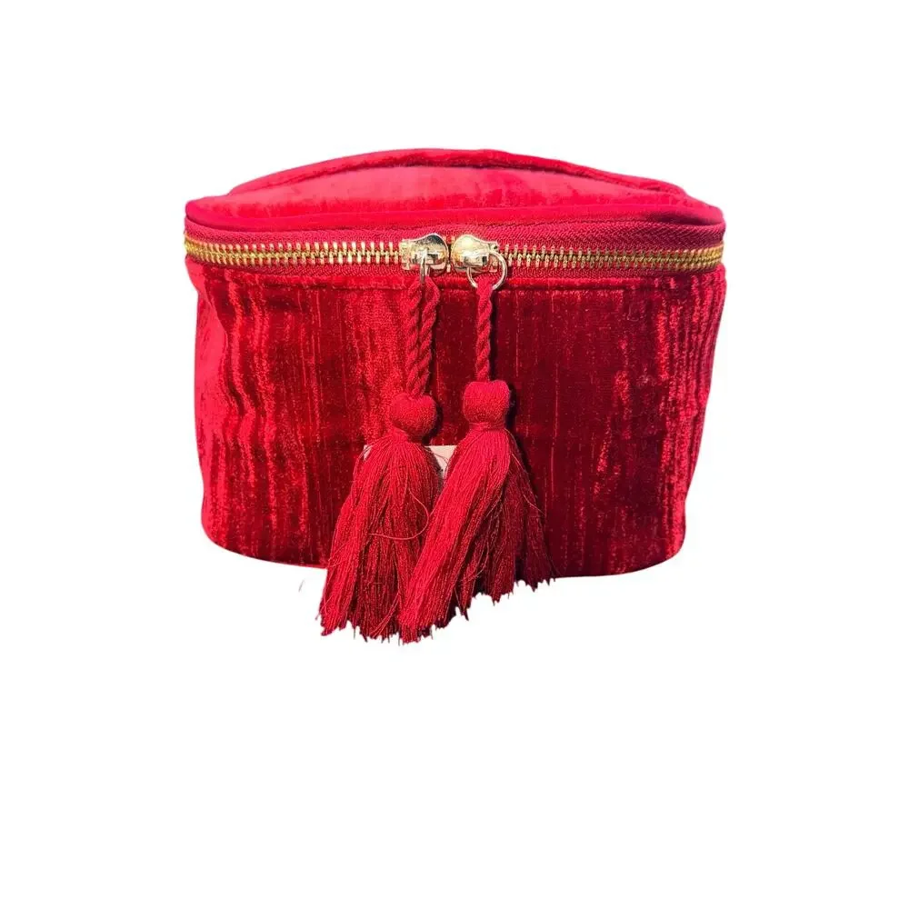 Sézane Red Velvet Vanity Case Tassel Zip Cosmetic Makeup Travel Bag